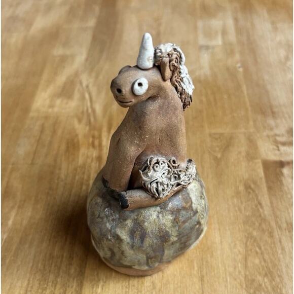 Art Pottery Signed Unicorn Whimsical Funny Ugly Clay Bell Rattle Figurine OOAC - Picture 2 of 11